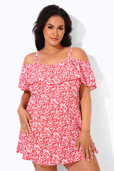 Red Floral Printed Off-the-Shoulder Swimdress