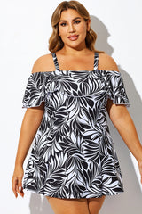 Black Floral Printed Off-the-Shoulder Swimdress