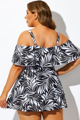 Black Floral Printed Off-the-Shoulder Swimdress