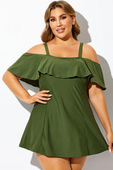 Solid Green Square Neck Off-the-Shoulder Swimdress