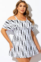 Black & White Tie-Dye Off-the-Shoulder Swimdress
