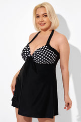 Fashion Black Dot Vintage Drawstring Closure Swimdress