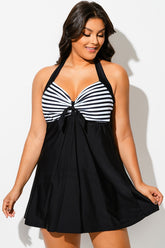 Black & White Stripe Halter Straps Women Swimdress