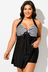 Black & White Stripe Halter Straps Women Swimdress