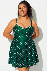 Green Polka Dot Crossover Flutter Hem Swimdress