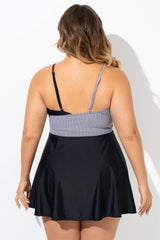 Black and White V-Neck Striped Wrap Swimdress