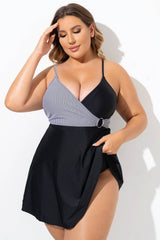 Black and White V-Neck Striped Wrap Swimdress