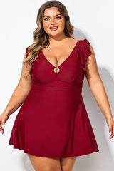 Red V-neckline Frilled Cap Sleeves Swimdress