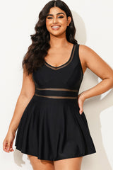 Black V-neck Wide Strap Crochet Detail Swimdress