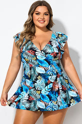 Leaf Print V-neckline Angel Sleeve Swimdress