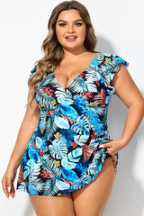 Leaf Print V-neckline Angel Sleeve Swimdress