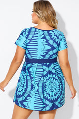 Tribal Print Cyan Short Sleeve Women Swimdress