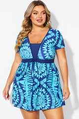 Tribal Print Cyan Short Sleeve Women Swimdress