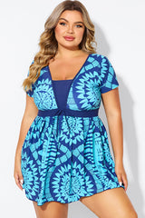 Tribal Print Cyan Short Sleeve Women Swimdress