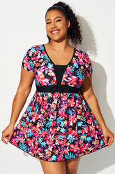 Multi Floral Print Short Sleeve Swimdress