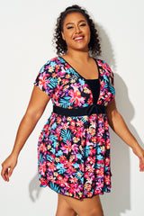 Multi Floral Print Short Sleeve Swimdress
