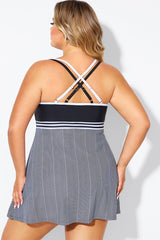 Black & White Criss Cross Striped Double Strap Swimdress