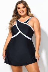 Plus Size Black&White Color Block High Neck Swimdress