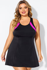 Plus Size Black Colorblock High Neck Racerback Swimdress