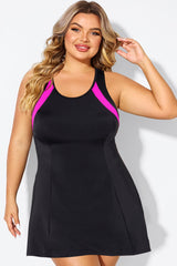 Plus Size Black Colorblock High Neck Racerback Swimdress