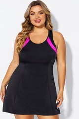 Plus Size Black Colorblock High Neck Racerback Swimdress