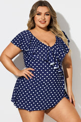 Navy Dot Beach Surplice Flounce Sleeve Swimdress