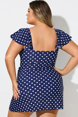 Navy Dot Beach Surplice Flounce Sleeve Swimdress
