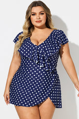 Navy Dot Beach Surplice Flounce Sleeve Swimdress