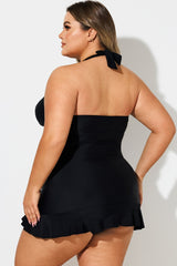 Black Halter Neck Ruched Tummy Control Swimdress