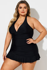Black Halter Neck Ruched Tummy Control Swimdress