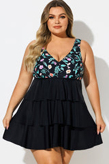 Plus Size Floral Print V-Neck Layered Swimdress