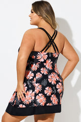 Plus Size Floral Print V-Neck Crisscross Back Swimdress