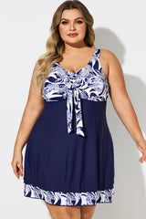 Blue & White V-Neck Floral Print Tie Front Swimdress