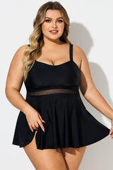 Plus Size Black Contrast Mesh Sweetheart Neck Swimdress