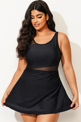 Plus Size V-Neck Black Mesh Panel Swimdress