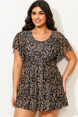 Floral Print Short Sleeve Round Neck Women Swimdress