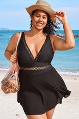 Plus Size Black Lattice Plunge Mesh Swimdress