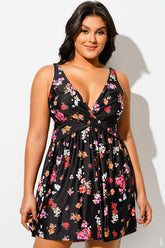 Floral Print Crossover V-Neck Wrap Swimdress