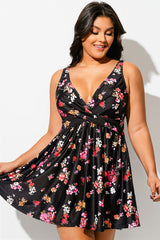 Floral Print Crossover V-Neck Wrap Swimdress