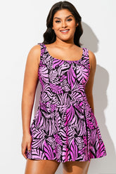 Bright Fuchsia Leaf Square Neck Side Slit Swimdress