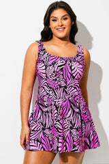 Bright Fuchsia Leaf Square Neck Side Slit Swimdress