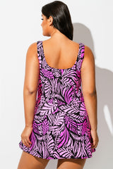 Bright Fuchsia Leaf Square Neck Side Slit Swimdress