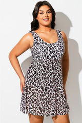 Leopard Print Stretch Mesh Round Neck Swimdress
