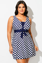 Blue & White Square Neck Polka Dot Swimdress