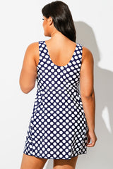 Blue & White Square Neck Polka Dot Swimdress