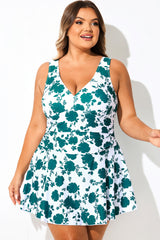 Plus Size Green Rose Print V-Neck Swimdress