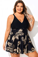 V Neck Black Floral Print Patchwork Swimdress
