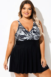 Black & White Floral Print V-Neck Patchwork Swimdress
