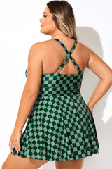 Overlap Collar Green Check Tie Knot Swimdress
