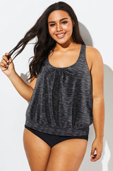 Black Striped Racerback Tummy Control Blouson Tankini Top